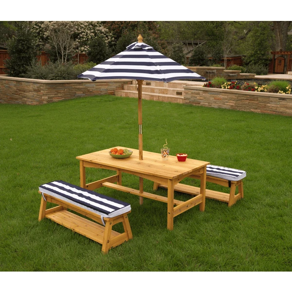 Kidkraft® Kinder Tuintafelset Met Bankjes, Kussens En Parasol, Blauw Met Witte Strepen - Image 2