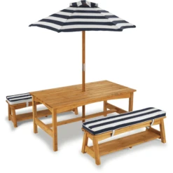 Kidkraft® Kinder Tuintafelset Met Bankjes, Kussens En Parasol, Blauw Met Witte Strepen